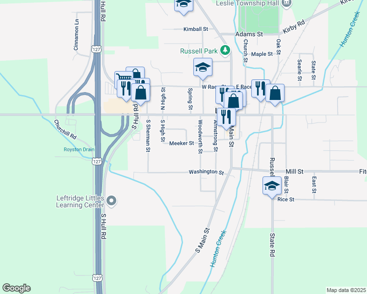 map of restaurants, bars, coffee shops, grocery stores, and more near 407 Meeker Street in Leslie