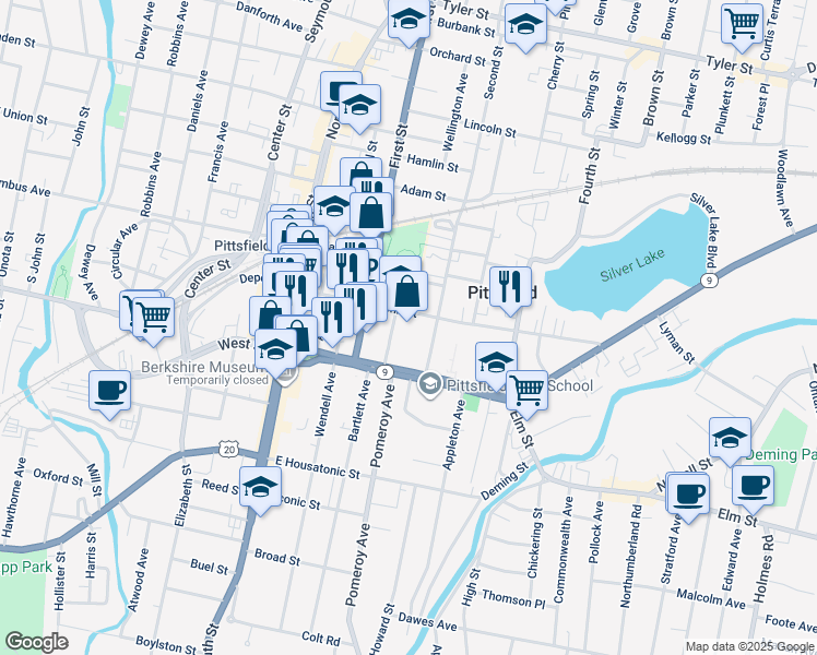 map of restaurants, bars, coffee shops, grocery stores, and more near 212 Fenn Street in Pittsfield
