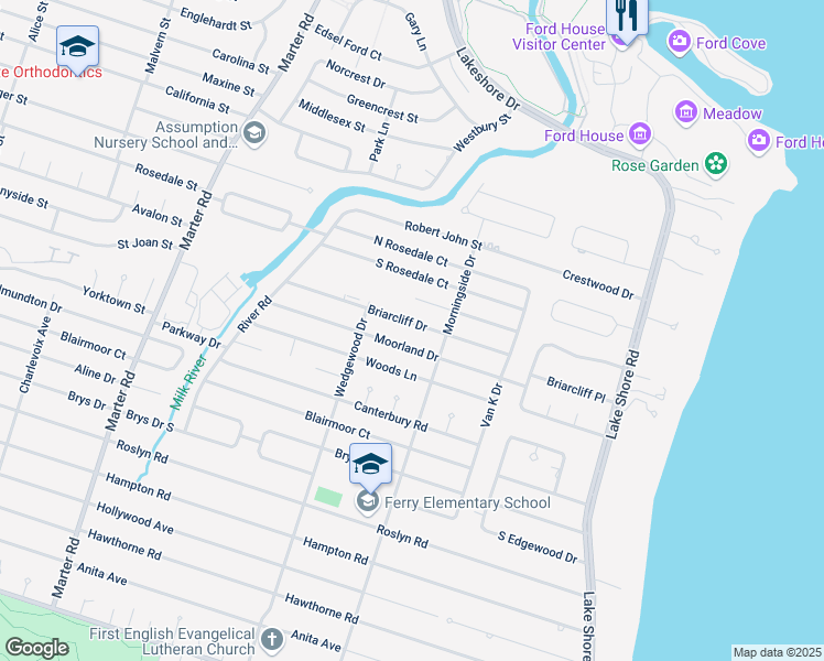 map of restaurants, bars, coffee shops, grocery stores, and more near 729 Moorland Drive in Grosse Pointe Woods