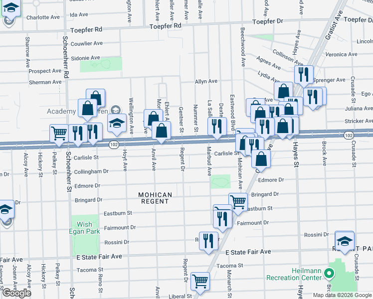 map of restaurants, bars, coffee shops, grocery stores, and more near 20532 Regent Drive in Detroit