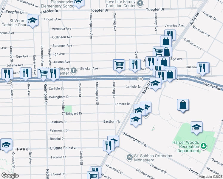 map of restaurants, bars, coffee shops, grocery stores, and more near 16696 Carlisle Street in Detroit