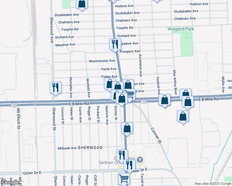 map of restaurants, bars, coffee shops, grocery stores, and more near 7640 Rivard Avenue in Warren