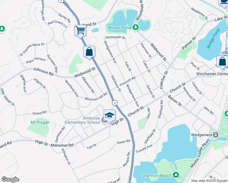map of restaurants, bars, coffee shops, grocery stores, and more near 134 Cambridge Street in Winchester