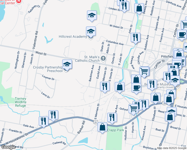 map of restaurants, bars, coffee shops, grocery stores, and more near 64 Backman Avenue in Pittsfield