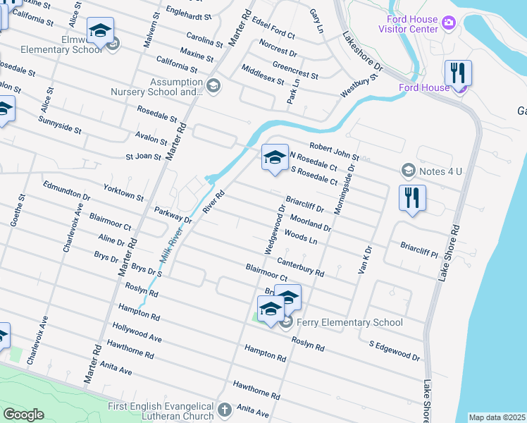 map of restaurants, bars, coffee shops, grocery stores, and more near 869 Woods Lane in Grosse Pointe Woods