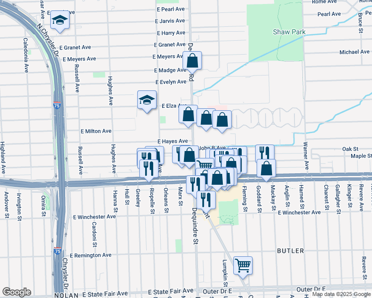 map of restaurants, bars, coffee shops, grocery stores, and more near 20800 Dequindre Road in Warren