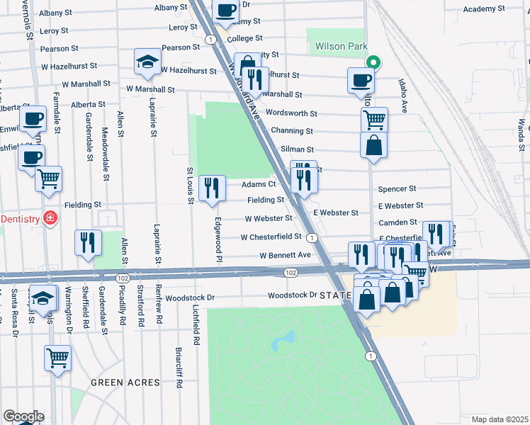 map of restaurants, bars, coffee shops, grocery stores, and more near 231 West Webster Street in Ferndale