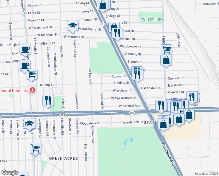 map of restaurants, bars, coffee shops, grocery stores, and more near 305 West Webster Street in Ferndale