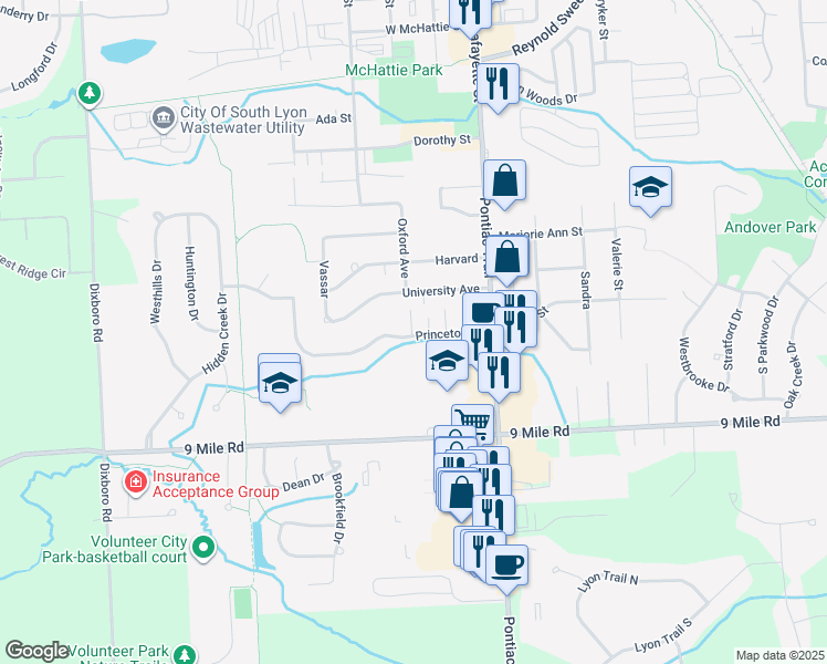 map of restaurants, bars, coffee shops, grocery stores, and more near 401-469 Princeton Drive in South Lyon