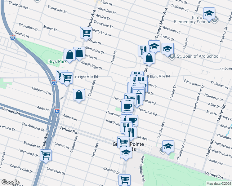 map of restaurants, bars, coffee shops, grocery stores, and more near 2030 Hampton Road in Grosse Pointe Woods