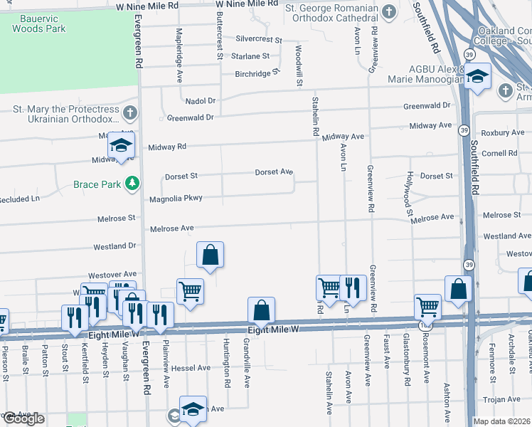 map of restaurants, bars, coffee shops, grocery stores, and more near 19193 Melrose Avenue in Southfield