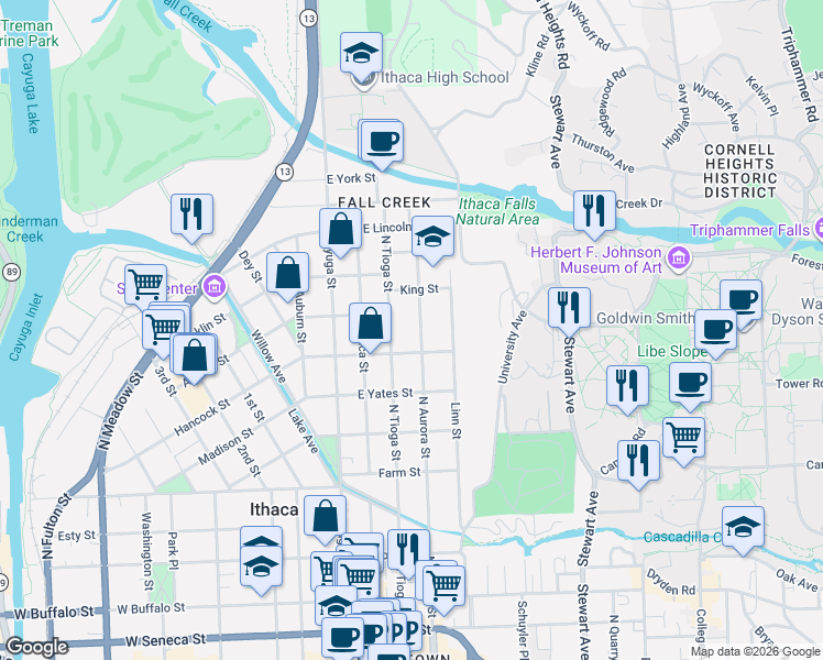 map of restaurants, bars, coffee shops, grocery stores, and more near 818 North Aurora Street in Ithaca