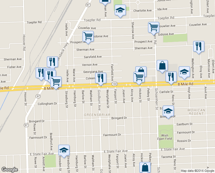 map of restaurants, bars, coffee shops, grocery stores, and more near 8 Mile Rd E & Westphalia Ave in Warren