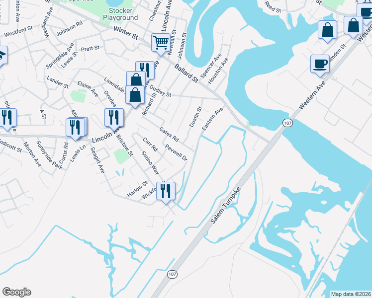 map of restaurants, bars, coffee shops, grocery stores, and more near 18 Pevwell Drive in Saugus