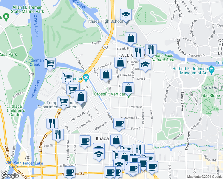 map of restaurants, bars, coffee shops, grocery stores, and more near 215 Auburn Street in Ithaca