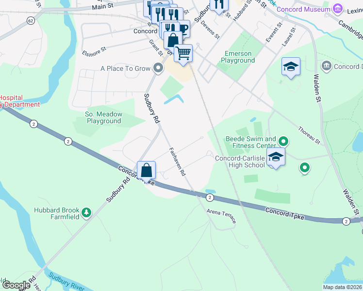 map of restaurants, bars, coffee shops, grocery stores, and more near 8 Bruce Road in Concord