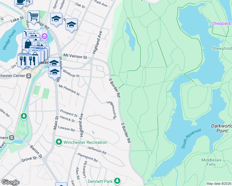 map of restaurants, bars, coffee shops, grocery stores, and more near 1 Alice Lane in Winchester