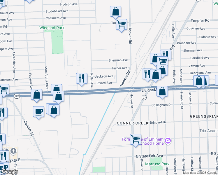 map of restaurants, bars, coffee shops, grocery stores, and more near 11360 East 8 Mile Road in Warren
