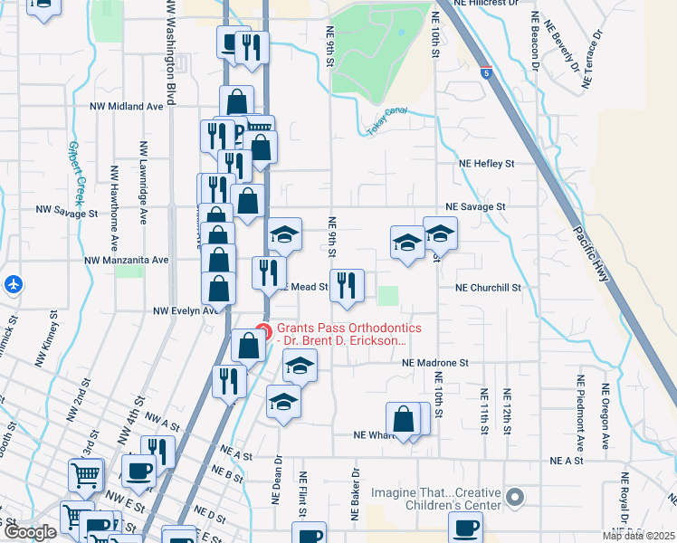 map of restaurants, bars, coffee shops, grocery stores, and more near 984 Northeast 9th Street in Grants Pass