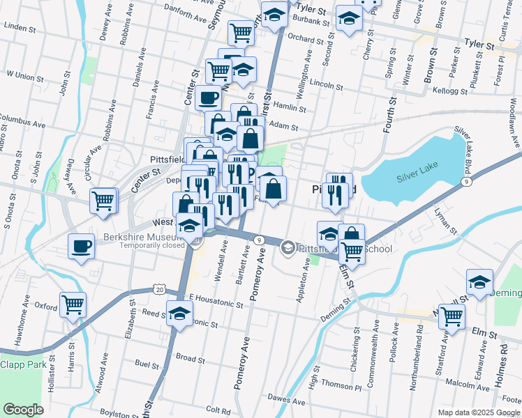 map of restaurants, bars, coffee shops, grocery stores, and more near 235 East Street in Pittsfield