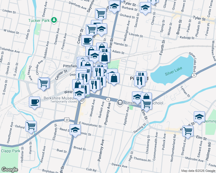 map of restaurants, bars, coffee shops, grocery stores, and more near 235 East Street in Pittsfield