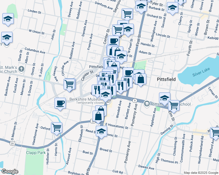 map of restaurants, bars, coffee shops, grocery stores, and more near in Pittsfield