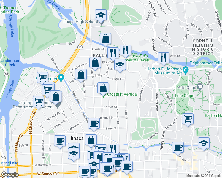 map of restaurants, bars, coffee shops, grocery stores, and more near 801 North Tioga Street in Ithaca