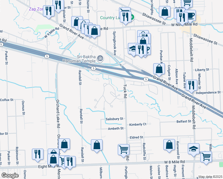 map of restaurants, bars, coffee shops, grocery stores, and more near 21450 Archwood Circle in Farmington Hills