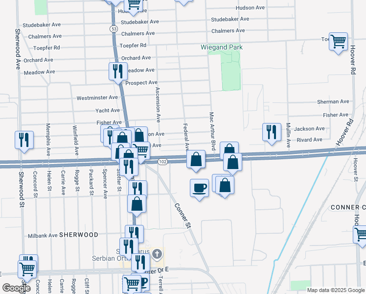map of restaurants, bars, coffee shops, grocery stores, and more near 8310 Rivard Avenue in Warren