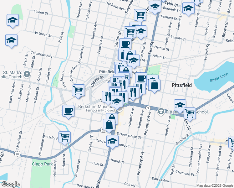 map of restaurants, bars, coffee shops, grocery stores, and more near in Pittsfield