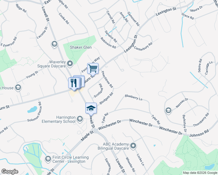 map of restaurants, bars, coffee shops, grocery stores, and more near 8 Blodgett Road in Lexington
