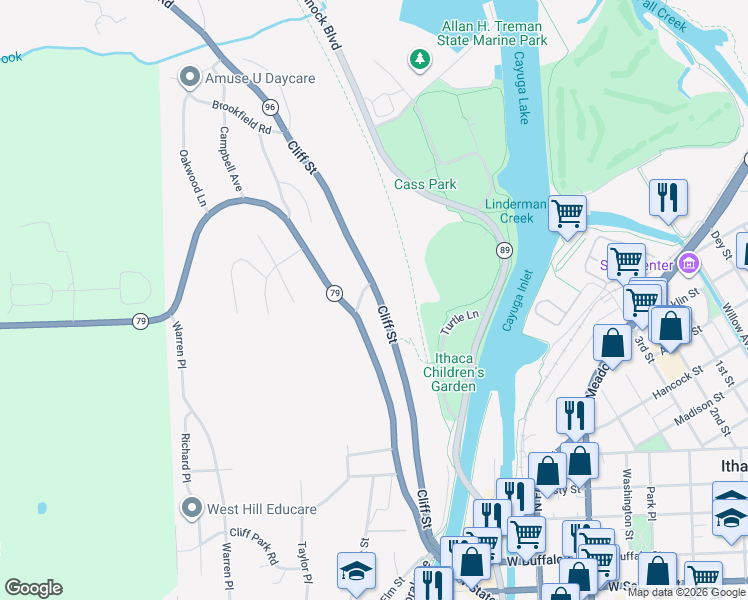 map of restaurants, bars, coffee shops, grocery stores, and more near in Ithaca