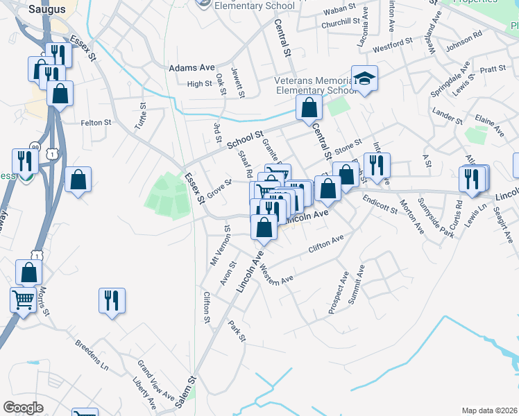 map of restaurants, bars, coffee shops, grocery stores, and more near 5 Essex Street in Saugus