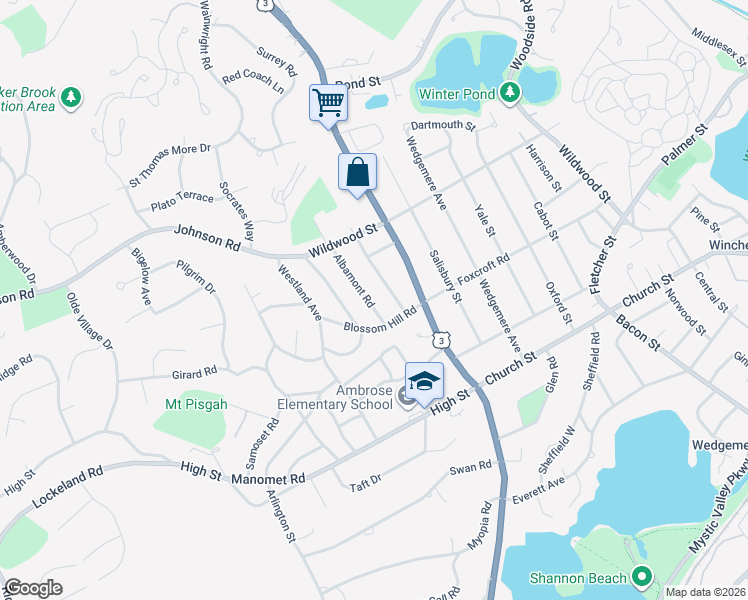 map of restaurants, bars, coffee shops, grocery stores, and more near 7 Blossom Hill Road in Winchester