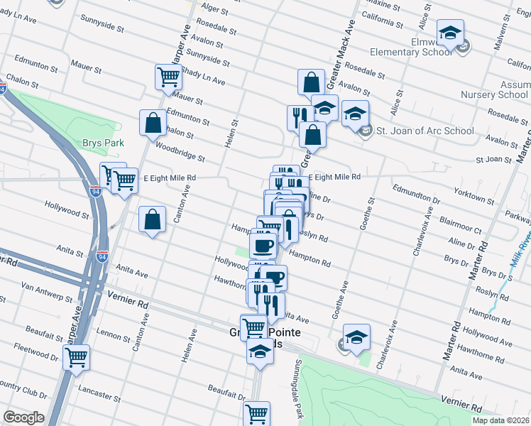 map of restaurants, bars, coffee shops, grocery stores, and more near 1961 Roslyn Road in Grosse Pointe Woods