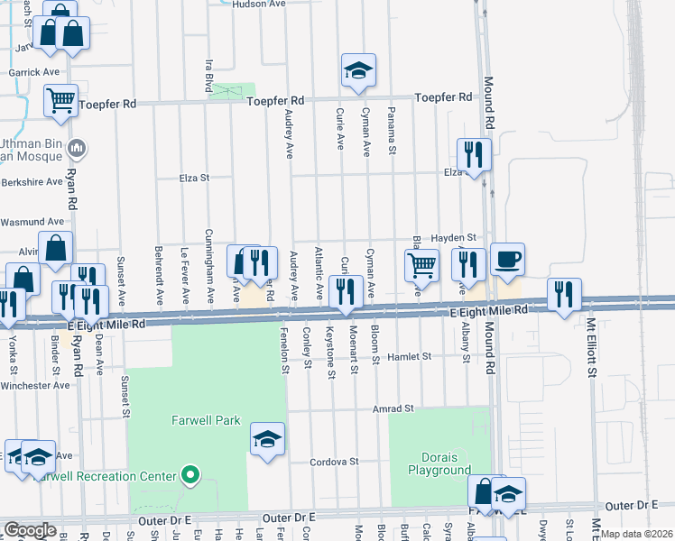 map of restaurants, bars, coffee shops, grocery stores, and more near 20748 Atlantic Avenue in Warren