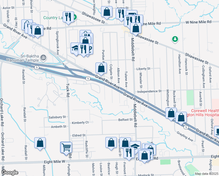 map of restaurants, bars, coffee shops, grocery stores, and more near 29709 Grand River Avenue in Farmington Hills