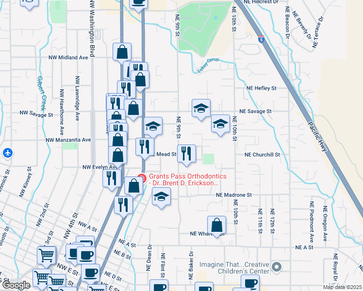 map of restaurants, bars, coffee shops, grocery stores, and more near 984 Northeast 9th Street in Grants Pass