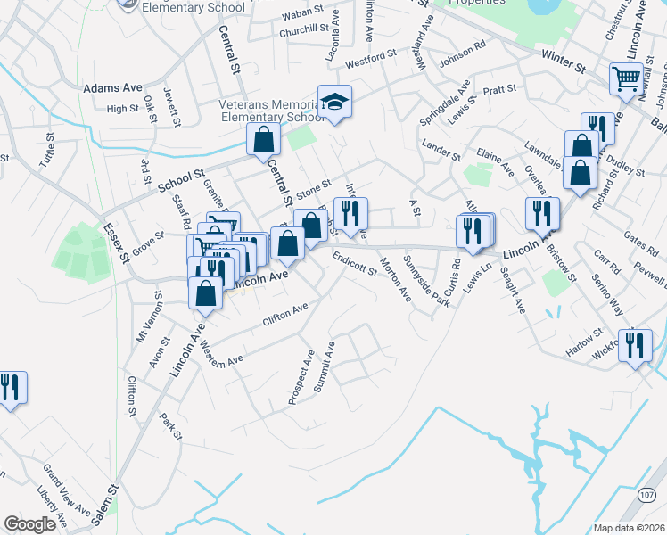 map of restaurants, bars, coffee shops, grocery stores, and more near 16 Clifton Avenue in Saugus