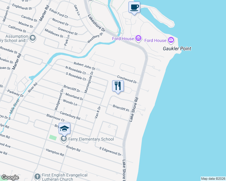 map of restaurants, bars, coffee shops, grocery stores, and more near 21860 Van K Drive in Grosse Pointe Woods