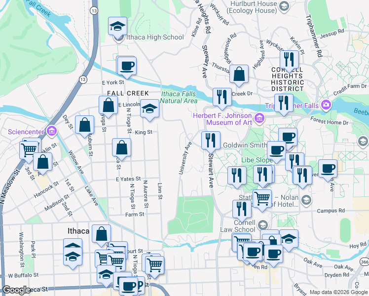 map of restaurants, bars, coffee shops, grocery stores, and more near 516 University Avenue in Ithaca