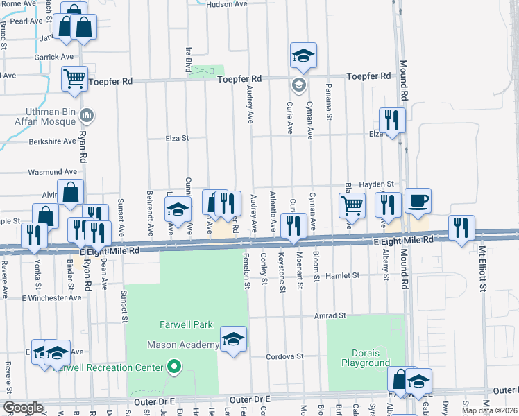 map of restaurants, bars, coffee shops, grocery stores, and more near 20862 Audrey Avenue in Warren