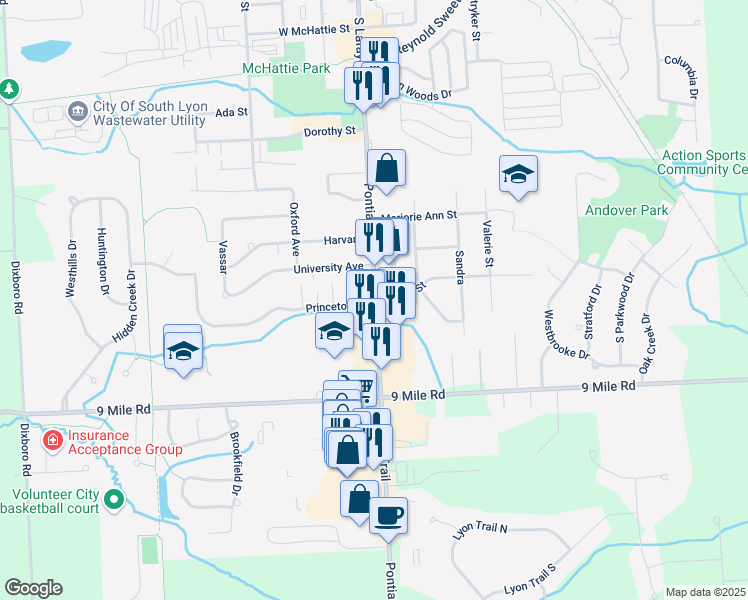 map of restaurants, bars, coffee shops, grocery stores, and more near 104 Princeton Drive in South Lyon