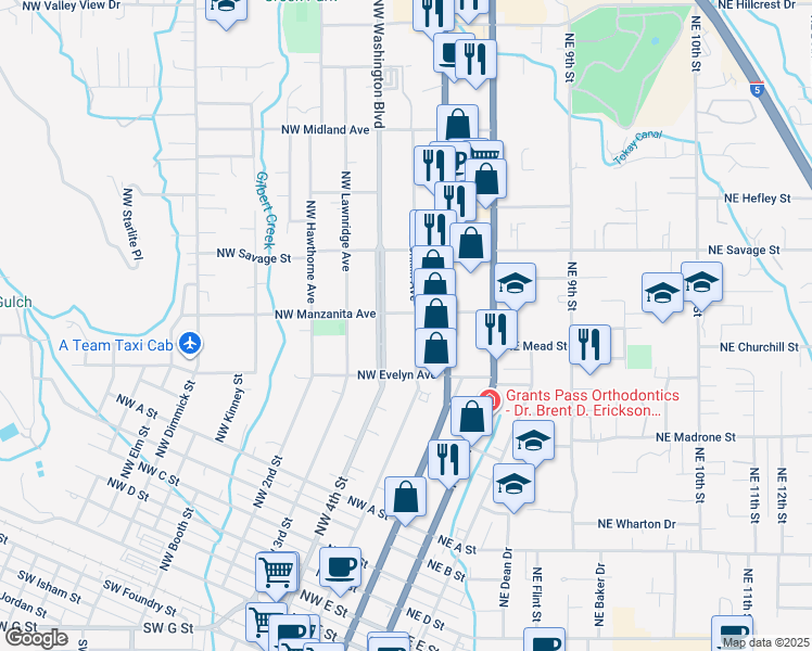 map of restaurants, bars, coffee shops, grocery stores, and more near 1044 Northwest Conklin Avenue in Grants Pass