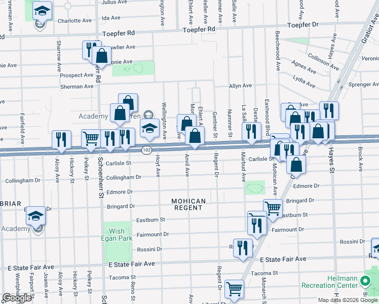 map of restaurants, bars, coffee shops, grocery stores, and more near 14100 8 Mile Road in Detroit