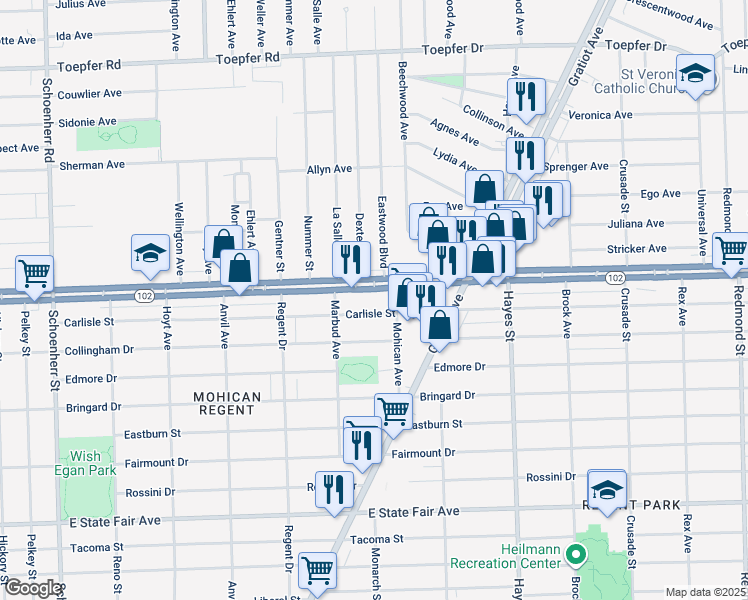 map of restaurants, bars, coffee shops, grocery stores, and more near 14700 8 Mile Road in Detroit