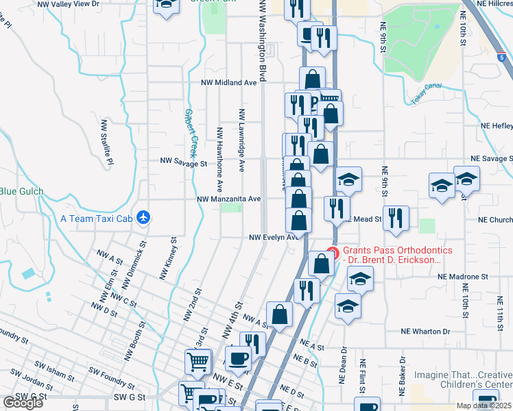 map of restaurants, bars, coffee shops, grocery stores, and more near 1206 Northwest Washington Boulevard in Grants Pass
