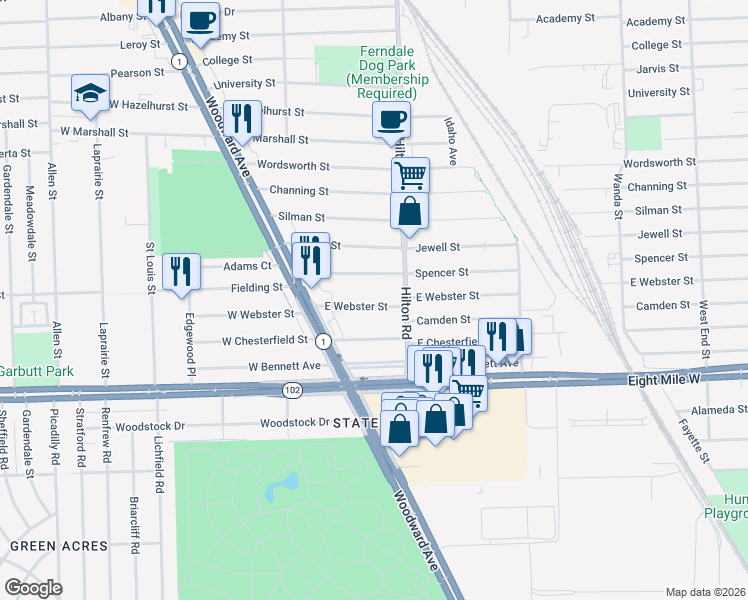 map of restaurants, bars, coffee shops, grocery stores, and more near 314 Spencer Street in Ferndale