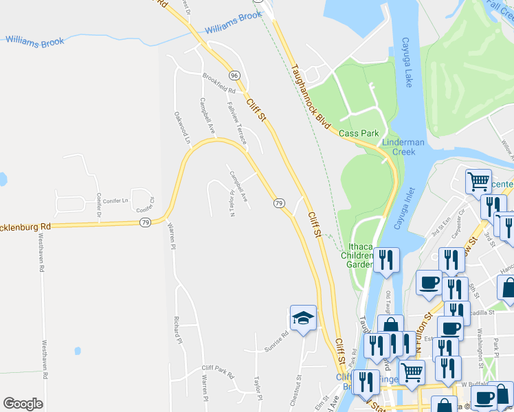map of restaurants, bars, coffee shops, grocery stores, and more near 409 Campbell Avenue in Ithaca