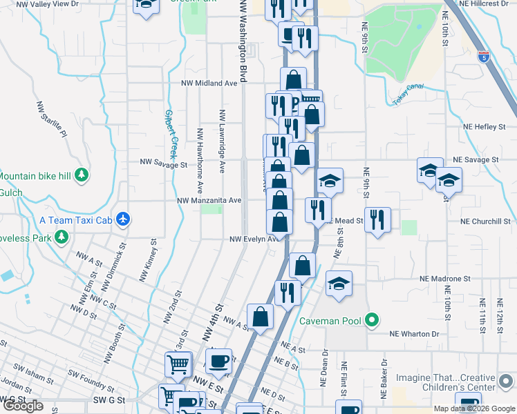 map of restaurants, bars, coffee shops, grocery stores, and more near 1206 Northwest Conklin Avenue in Grants Pass